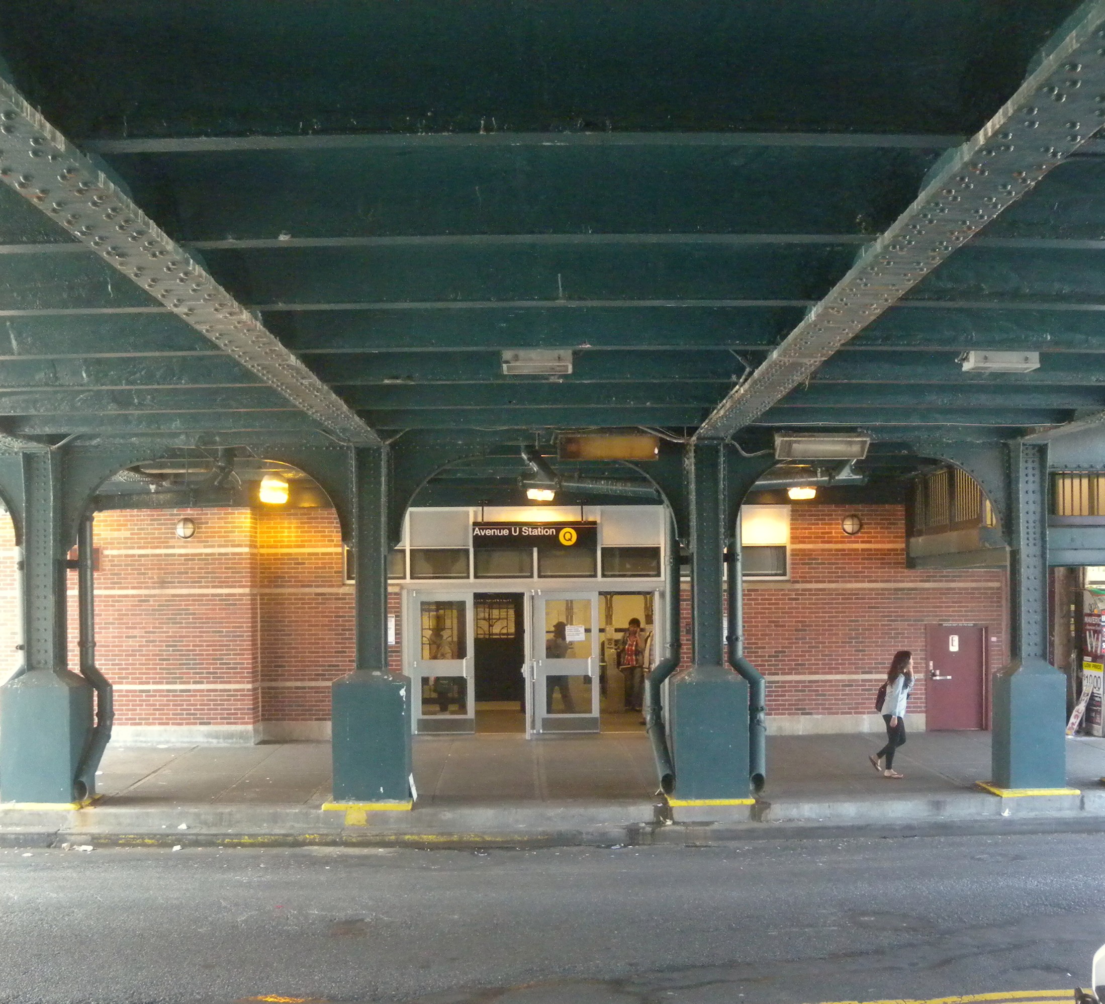 Avenue U Station Q entrance with brick arches and steel girders